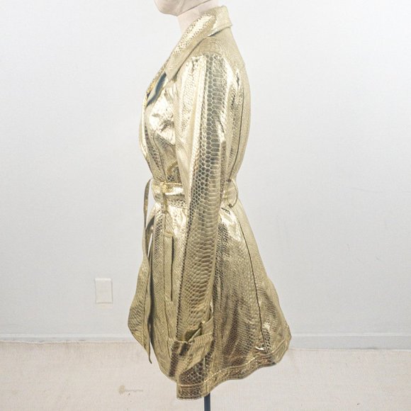 Vintage 90s S Real Leather Gold Croc Print Coat - Picture 4 of 10